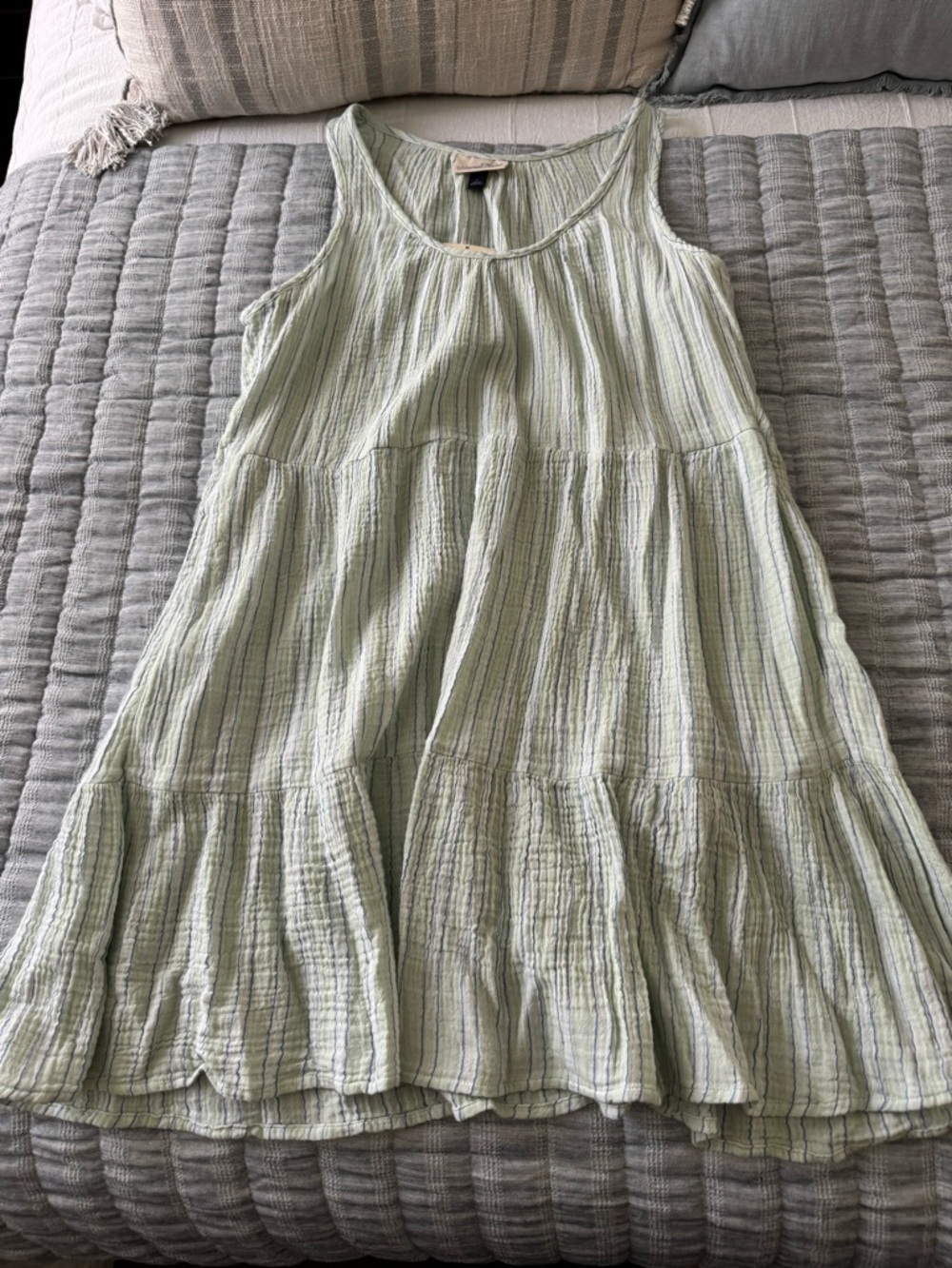 Light Green with stripes sleeveless tiered gathered dress